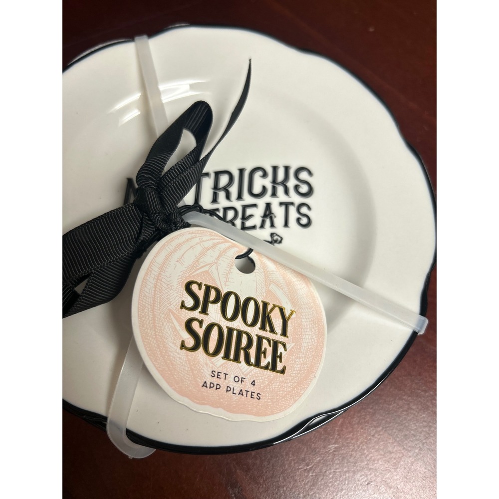 Sunday Morning Ceramics Halloween Spooky Soiree App Plates Set of 4 White Black